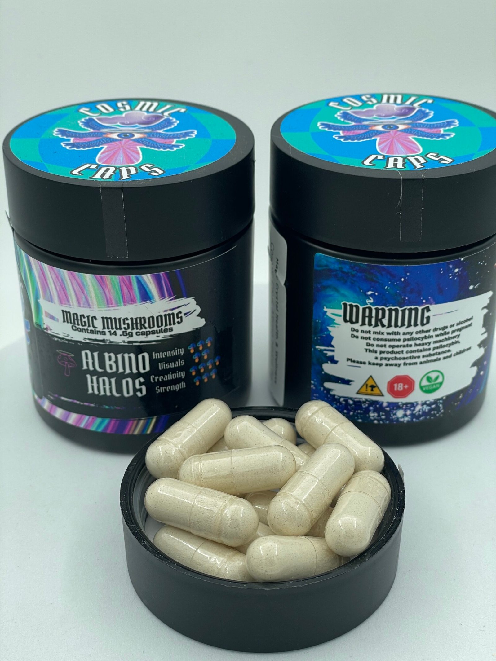 Cosmic Caps Shroom Capsules – Albino Golden Halo | 14.5g