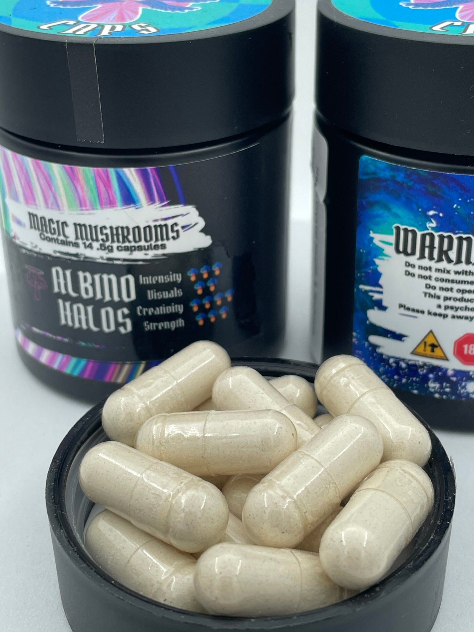 Cosmic Caps Shroom Capsules – Albino Golden Halo | 14.5g - Image 3